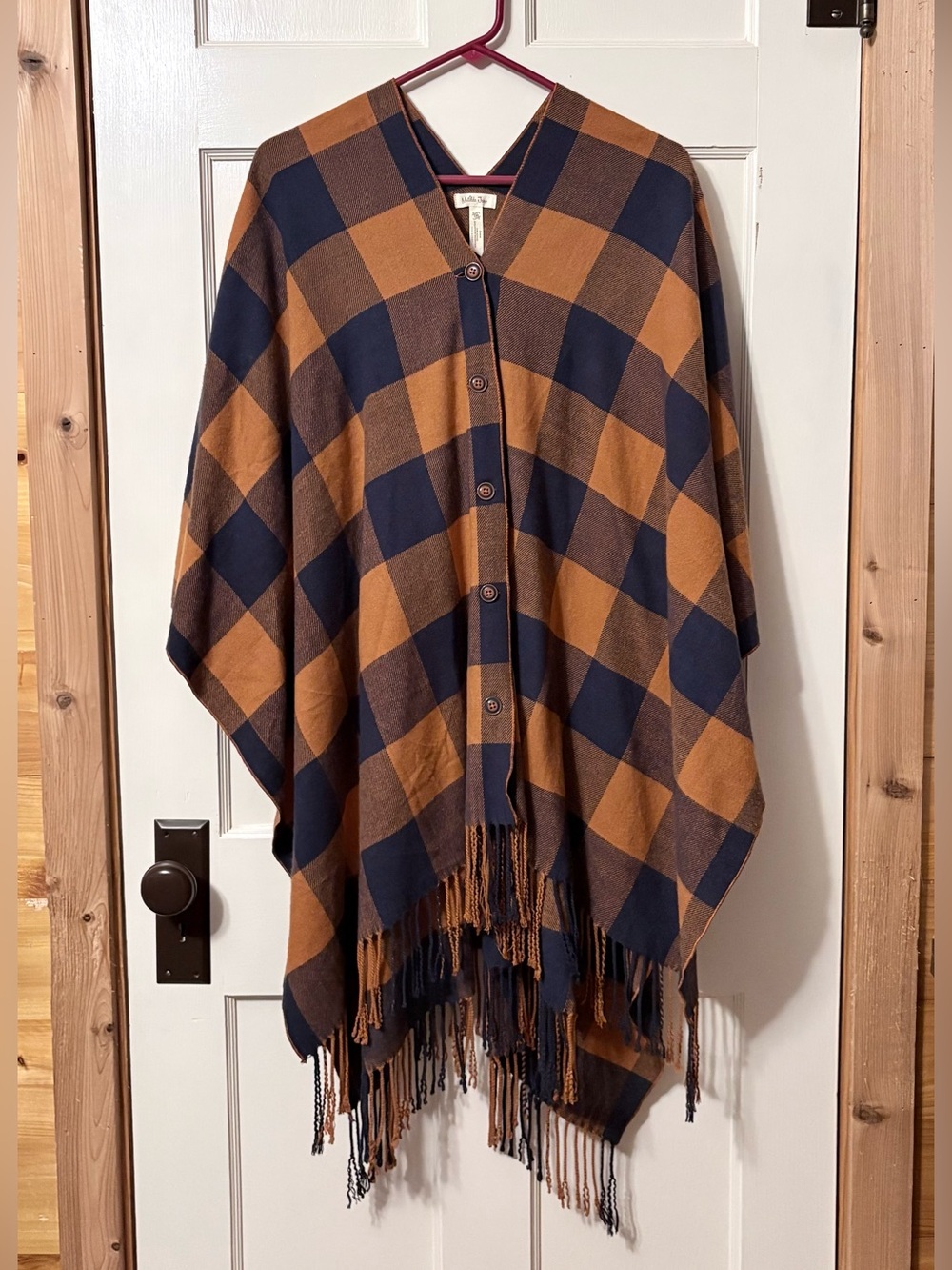 Matilda Jane Plaid Fringe Poncho in Burnt Orange and Navy